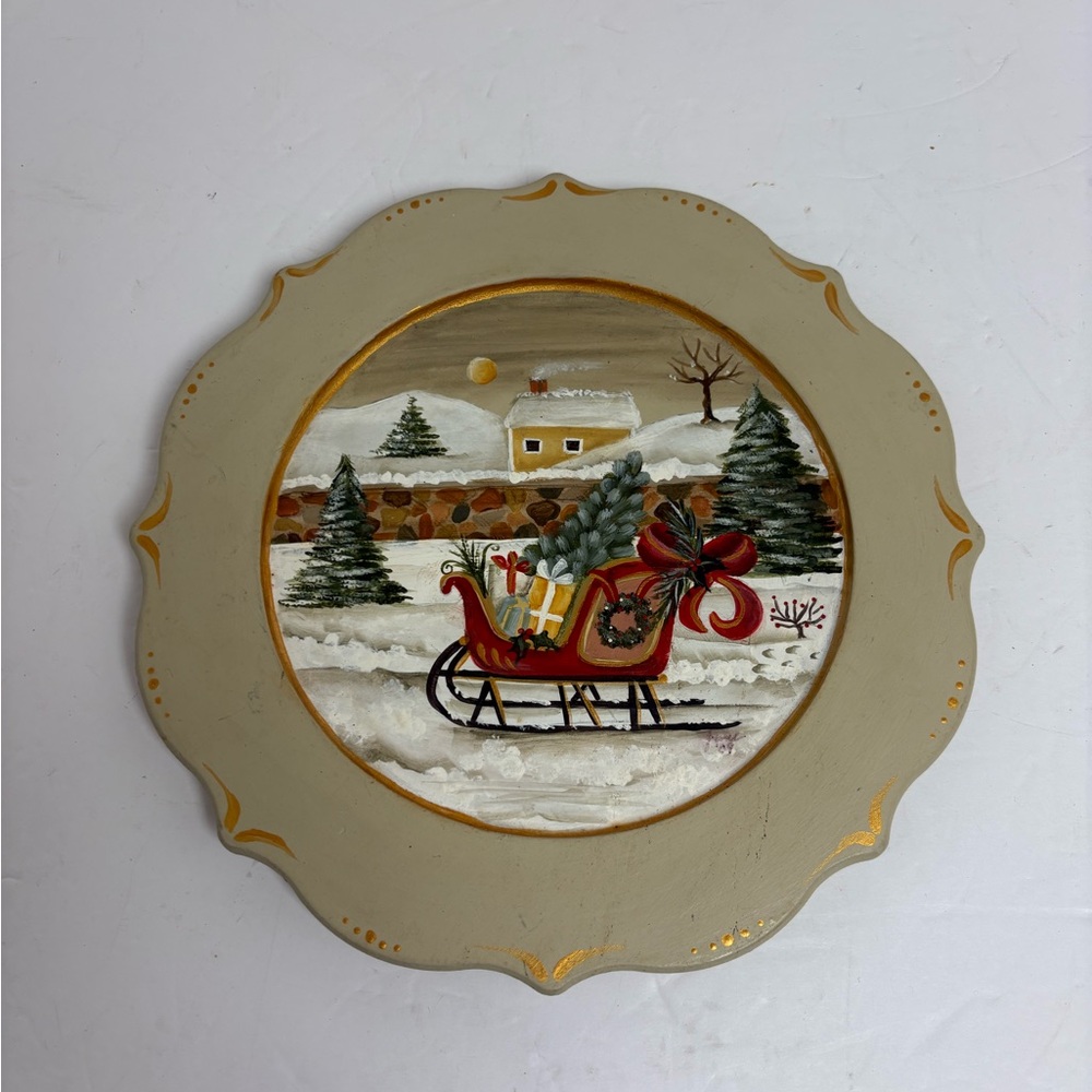 Festive Holiday Hand Painted Folk Art Decorative Wooden Plate with Sleigh Design